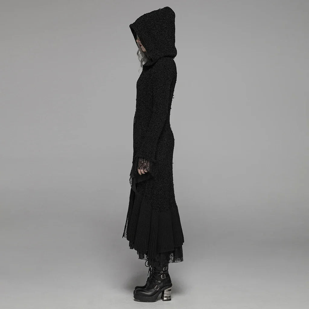 Gothic Retro Black Long Hooded Woolen Costume Halloween Warm Cozy Stylish Cardigan