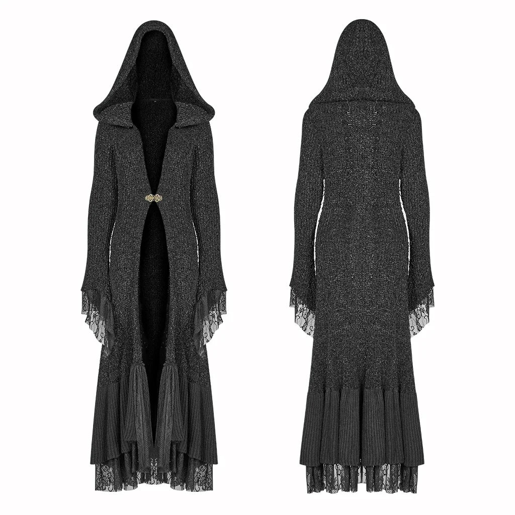 Gothic Retro Black Long Hooded Woolen Costume Halloween Warm Cozy Stylish Cardigan