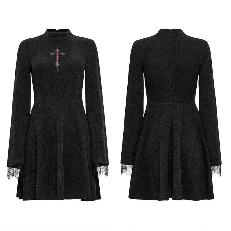 Light Cross Embroidered Basic A Line Flared Cuffs Lace Decorated Sexy Black Gothic Dress