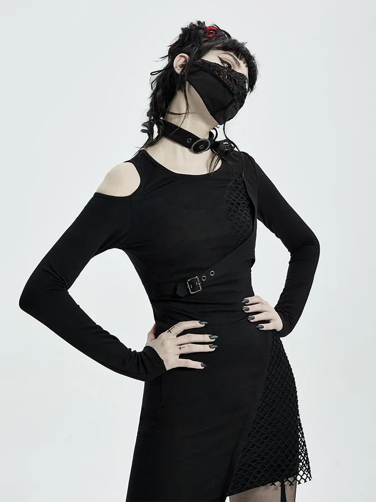 Handsome Hollow Shoulder Fashion Cool Button Removable Collar Black Sexy Short Gothic Dress