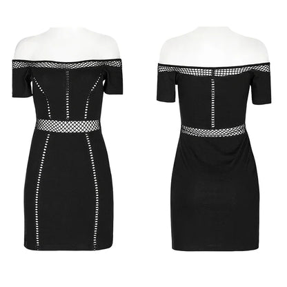 Punk Horizontal Neck Sexy Slim Waist Perspective Mesh Spliced Charm Summer Gothic Dress