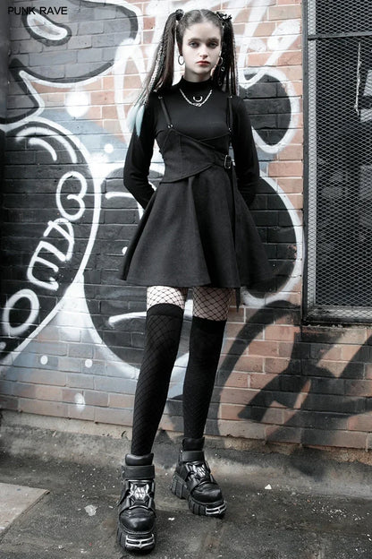 Pretend Waist Sealing Tight-waist Braces Overskirt High-waist A-Line Daily Sling Black Gothic Dress