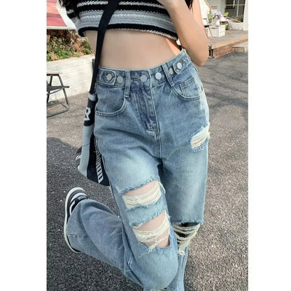 Amy Fashion - Perforated Jean Pear-Shaped Figure High Waist Straight Tube Loose Fitting Wide Leg Pants Small Stature Thin Summer Style Jean