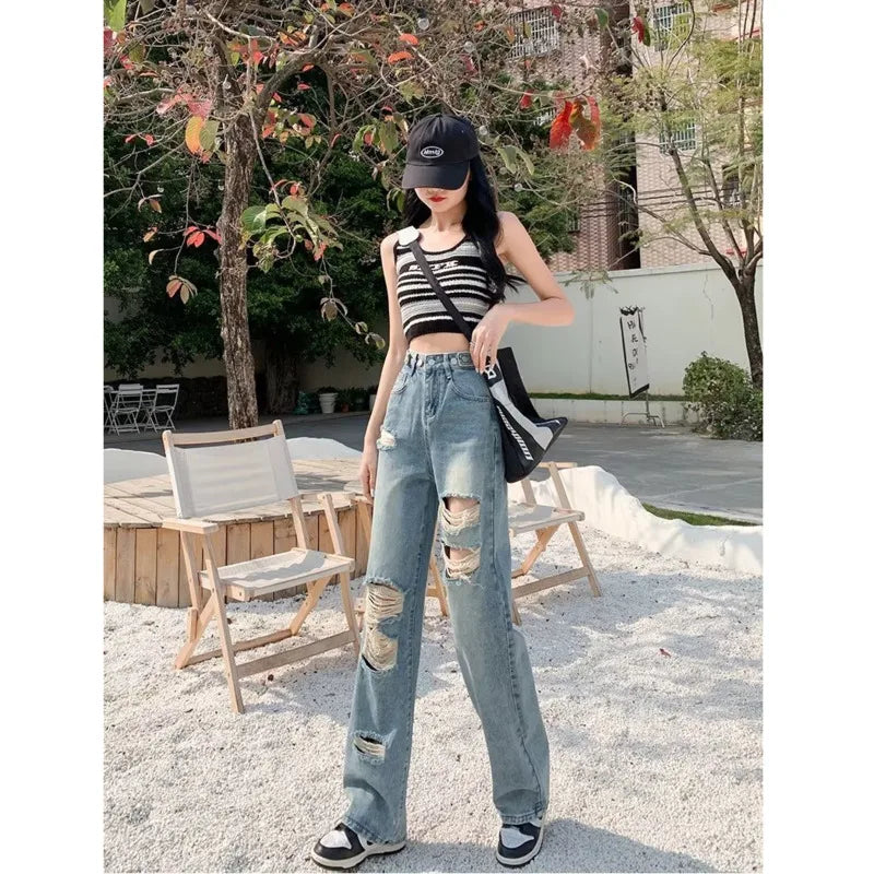 Amy Fashion - Perforated Jean Pear-Shaped Figure High Waist Straight Tube Loose Fitting Wide Leg Pants Small Stature Thin Summer Style Jean