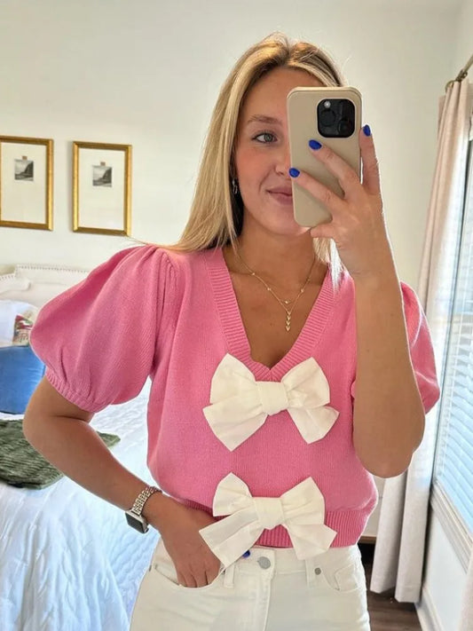 Pink Elegant Casual Solid Short Sleeve Fashion Bows V-Neck Sweater