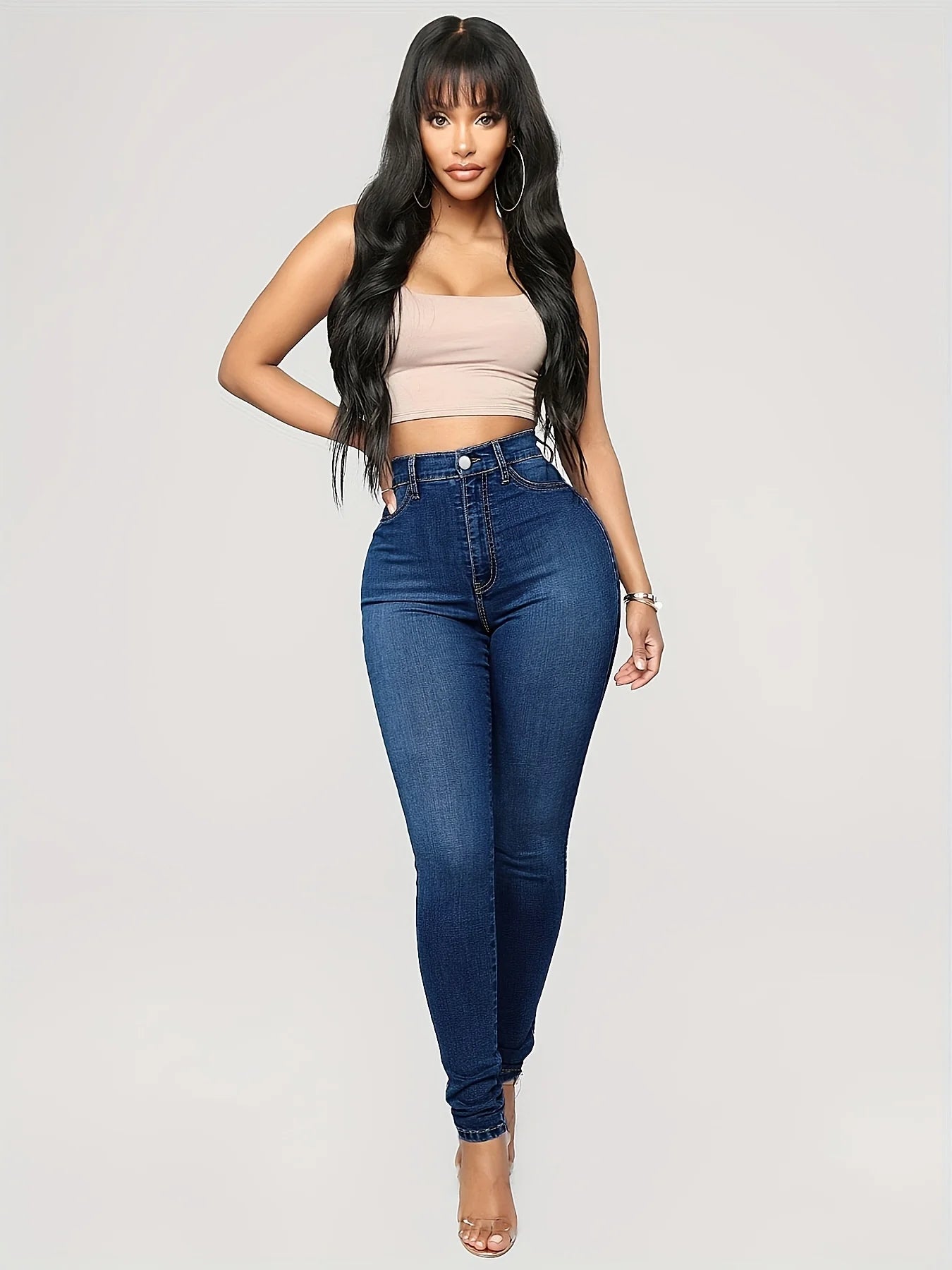 Amy Fashion - Plain High Waist Skinny High Rise Slim Fit Slash Pockets Casual Denim Jean