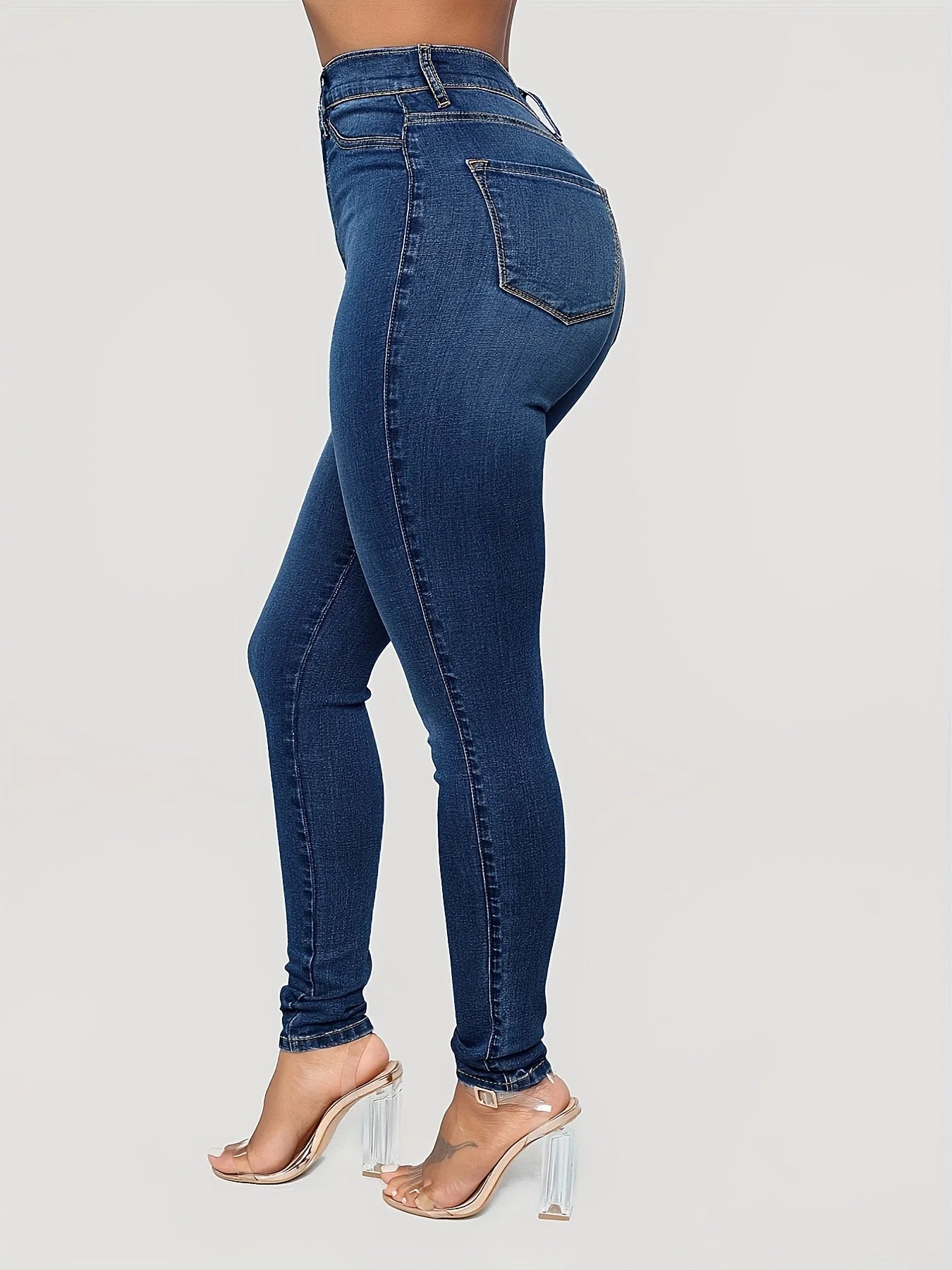 Amy Fashion - Plain High Waist Skinny High Rise Slim Fit Slash Pockets Casual Denim Jean