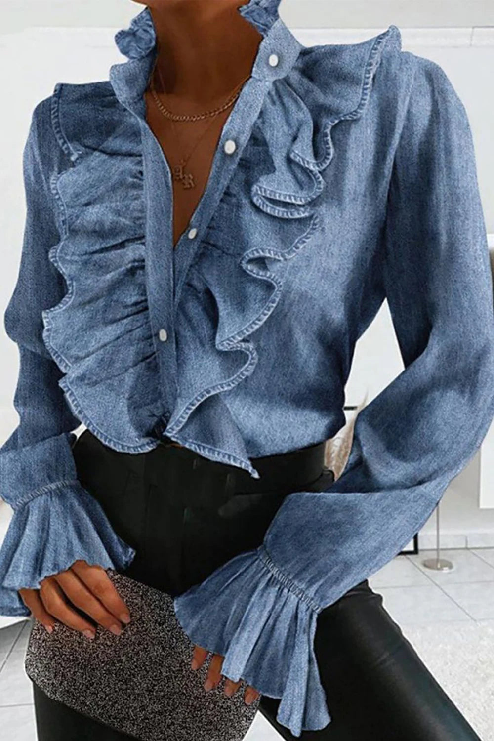 Plus Size Business Blue Ruffles Sexy V-Neck Denim Blouse