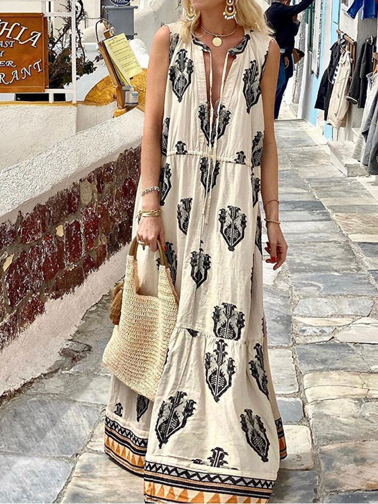 Amy Fashion - Printed Deep V Neck Loose Casual Sleeveless Party Dresses