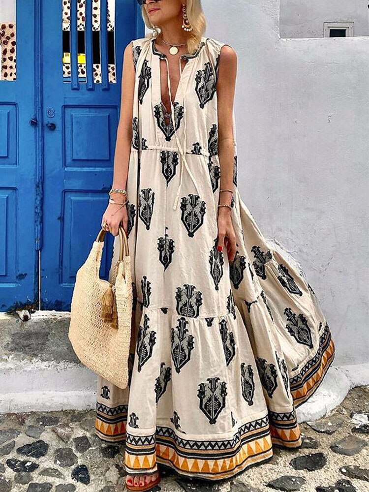2024 Printed Deep V Neck Loose Casual Sleeveless Party Dresses