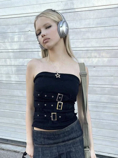 Retro Crop Streetwear Black Gothic Punk Corset Top Buckle Grunge Bandage Y2K