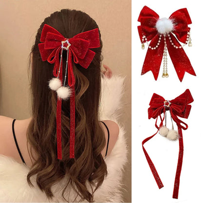 Golden Velvet Pompom Tassel Ribbon Chinese Style Hair Accessory for New Year and Christmas