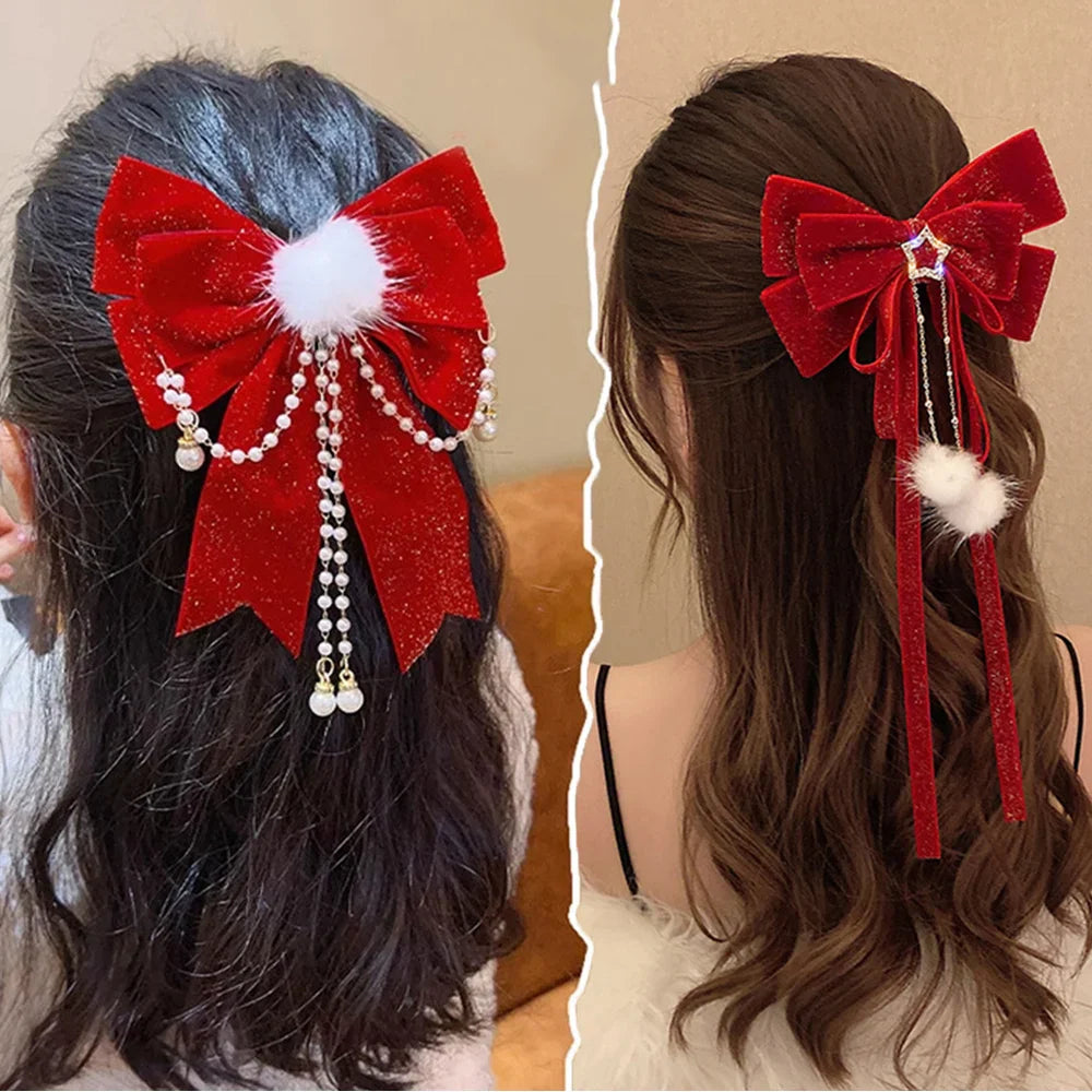 Golden Velvet Pompom Tassel Ribbon Chinese Style Hair Accessory for New Year and Christmas