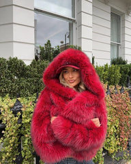 Red Fluffy Faux Fur Turn-Down Coat Coats-241208