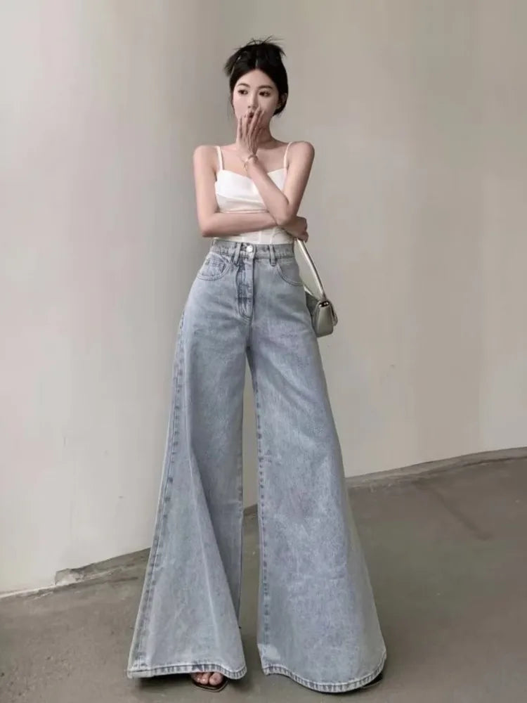 Amy Fashion - Slimming Vintage Flared Loose Fitting High-Waisted Denim Mop Floor Length Jean