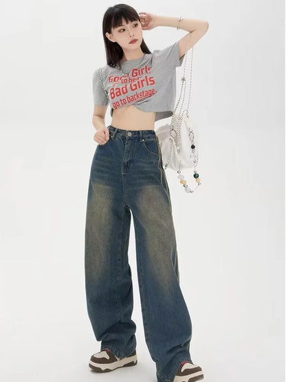 Amy Fashion - Sweeping Floor Spicy Girl Small Loose High Waisted Straight Leg Wide-Leg Jean