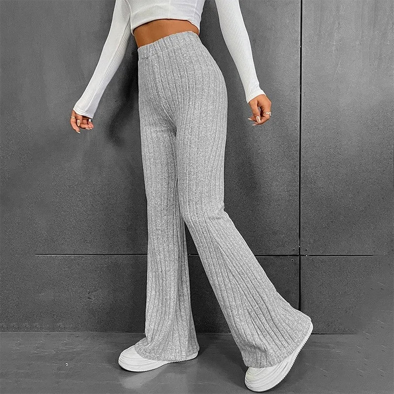 Ribbed Flare Mid Waist Slim Stretch Wide Leg Pants