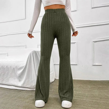 Ribbed Flare Mid Waist Slim Stretch Wide Leg Pants