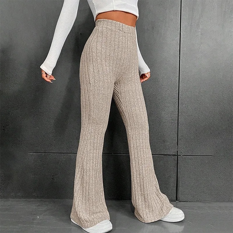 Ribbed Flare Mid Waist Slim Stretch Wide Leg Pants