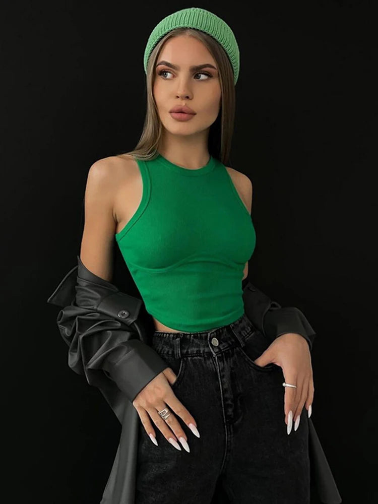 AMY - Ribbed Solid Skinny Sleeveless Body-Shaping Streetwear Crop Top