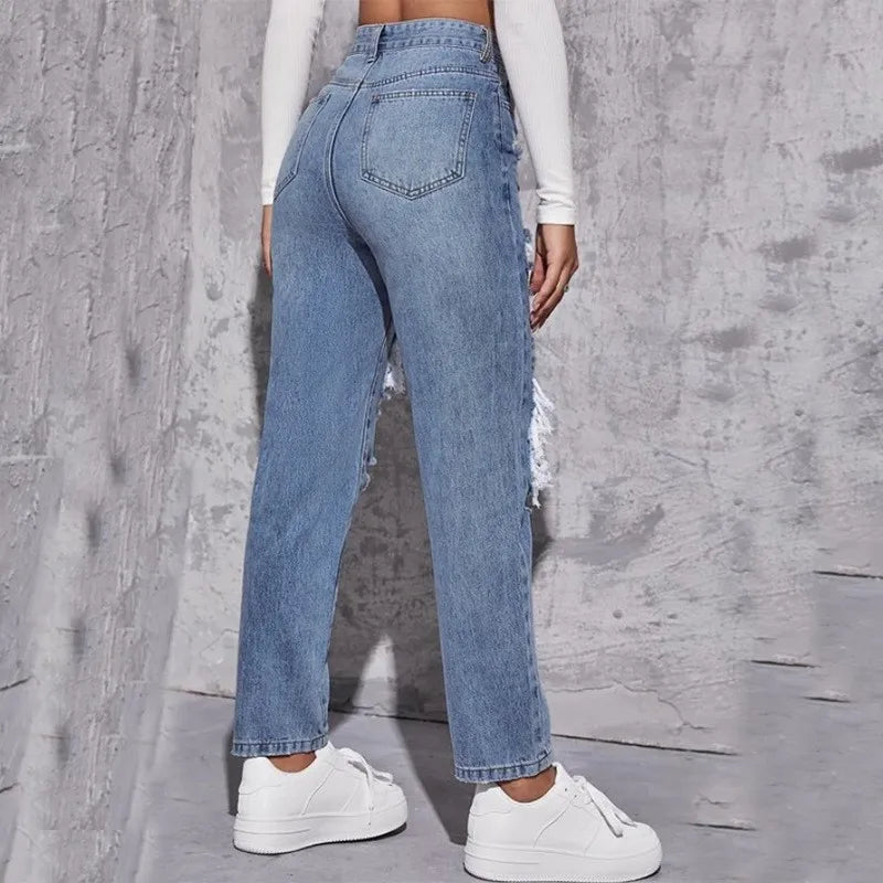 Amy Fashion - Ripped Straight Leg Women High Waist Loose Holes Casual High Streetwear Fashion Denim Jean