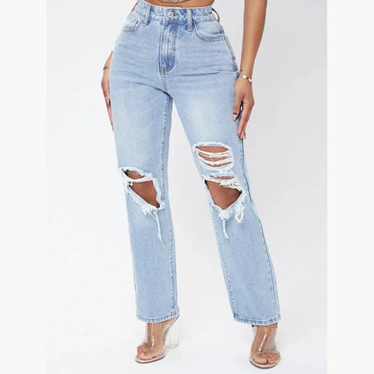 Amy Fashion - Ripped Women's Casual Fashion High Waist Straight Leg Loose Denim Ladies Streetwear Jean