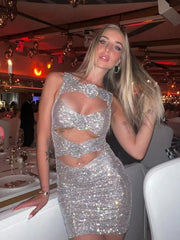 Rhinestone 3D Flower Bodycon Mini Dress