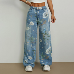 Floral Print Washed Denim Pant