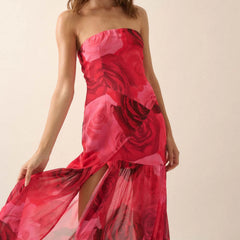 Tie-dye Rose Ruffled Split Vacation Dress