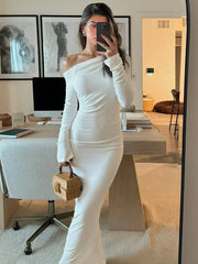 White Skew Collar Long Sleeve Maxi Dress