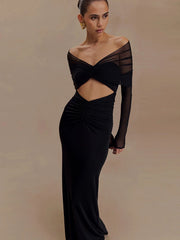 Slash Neck Sheer Ruched Maxi Party Dress