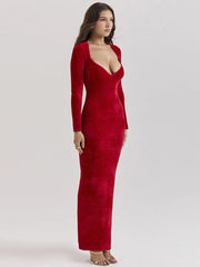 Velvet Long Sleeve V Neck Bodycon Dress