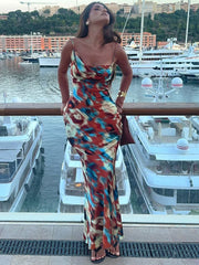 Hollow Out Print Backless Vacation Dress