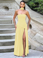 Backless Slit Ribbon Strapless Maxi Dress