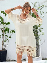 Beige Tassel Crochet Backless Boho Dress