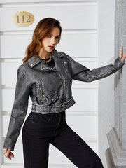 Zipper Short Faux PU Leather Coat