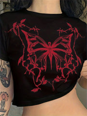Butterfly Print Fitted Crop Grunge T-shirt