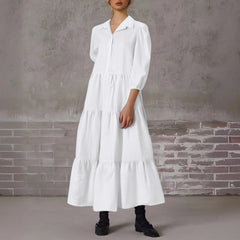 Casual Lapel Puff Sleeve Tiered Maxi Boho Dress