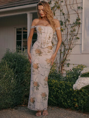 Off Shoulder Backless Maxi Floral Dress