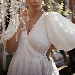 Vintage Cotton V Neck Puff Sleeve Lace Up Maxi Boho Dress