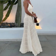 Deep V Textured Cami Slip Vacation Dress