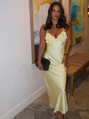 Yellow Floral Satin Slip Maxi Dress