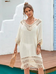 Beige Tassel Crochet Backless Boho Dress