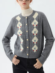 Jacquard Round Neck Office Knit Cardigan