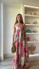 Pleated Printed Strapless High Waist Boho Dress