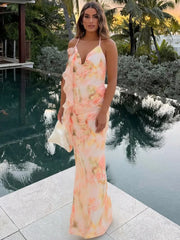 Halter Print Ruffle Sleeveless Backless Vacation Dress