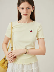 Cherry Embroidery Ruffled Knit T-shirt