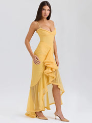 Ruffled Draped Yellow Maxi Bodycon Dress