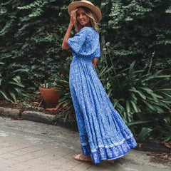 Blue Floral Deep V Neck Loose Boho Dress