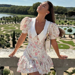 Printed Ruffle V Neck Slim Mini Dress